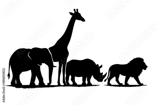 Silhouette of giraffe, elephant, rhinoceros, and lion standing together  