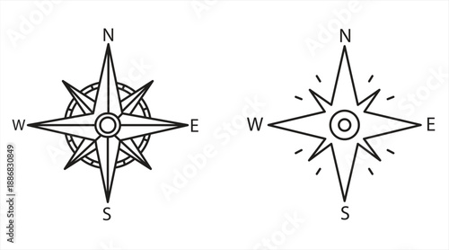 Compass navigation logo line icon vector template, waypoint symbols, N S W E vector icon set. North, south, west, east navigation arrows, EPS 10, vector illustration.
