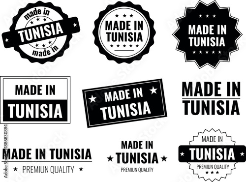 Labels of products made in Tunisia showcasing various designs and icons from different angles