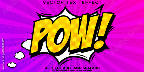 Vibrant comic book style illustration of the word pow on a purple background