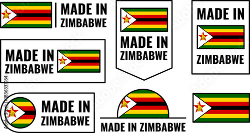 Icons set showing Made in Zimbabwe emblems with national flag design and product representation