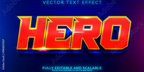 Vibrant colorful hero movie title text with bold red and yellow font on blue background
