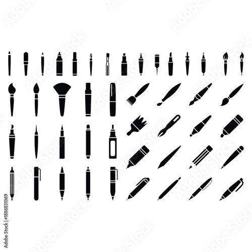 Ultimate Art Supplies Icon Mega Set: Black Silhouette Vector Collection of Paint Brushes, Calligraphy Pens, Markers, and Professional Drafting Tools