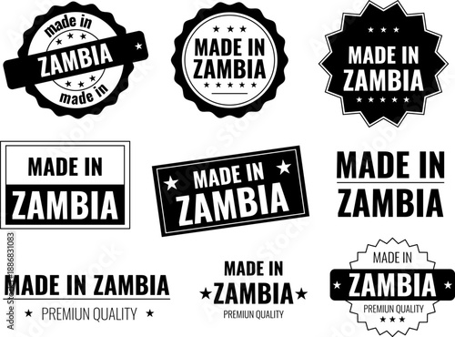 Collection of made in Zambia labels showing product origin and quality assurance signs