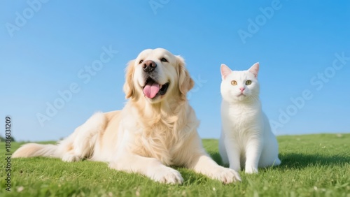 A Golden Retriever and a pure white cat sit together on a green lawn under a clear blue sky, creating a warm and healing scene that showcases the harmonious companionship and natural vitality between 