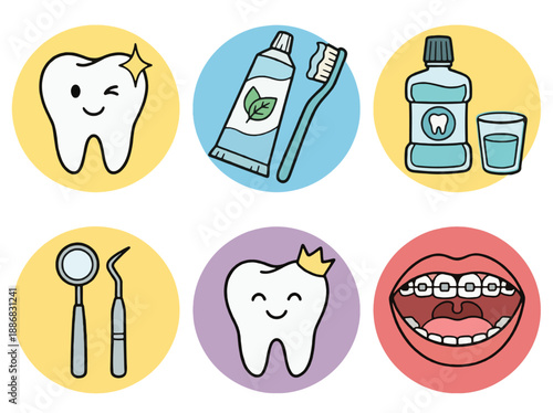Cute Cartoon Dental Care Icons - Pediatric Dentistry Vector Badges