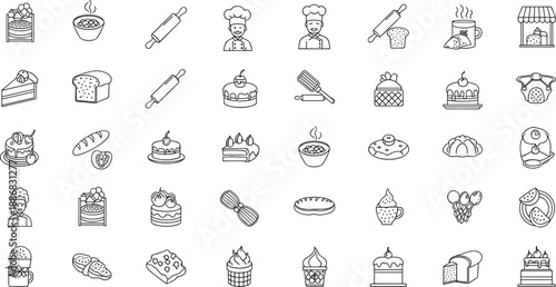 Black and white line of various baked goods and chef desserts bread cakes pastries