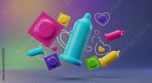 Colorful condoms and hearts for International Condom Day