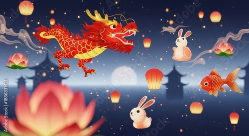 Chinese Lantern Festival illustration with dragon, rabbits, and lanterns
