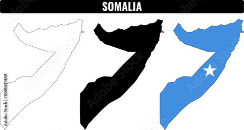 Different designs of Somalia shapes showing outline, solid, and colored versions
