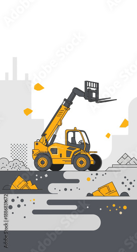 Robust Yellow Telehandler Equipment For Material Handling In Industrial Setting