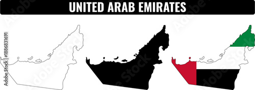 UAE shapes set showing outlines and flag colors of the United Arab Emirates