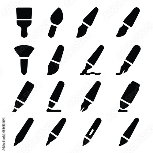 Professional Digital Art and Calligraphy Tools Icon Set – Brushes, Pens, and Markers