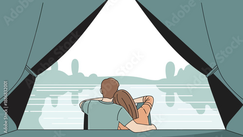 Romantic Getaway Couple Enjoying Lake View Through Tent Flaps Together
