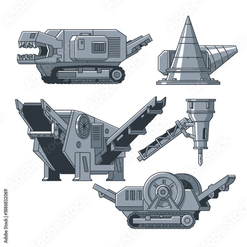 Robust Industrial Mining And Construction Heavy Equipment Set Collection Illustration