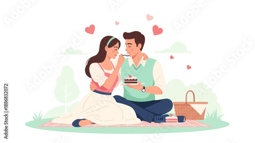 Romantic Picnic Illustration Of A Couple Sharing Cake In A Heart Filled Scene
