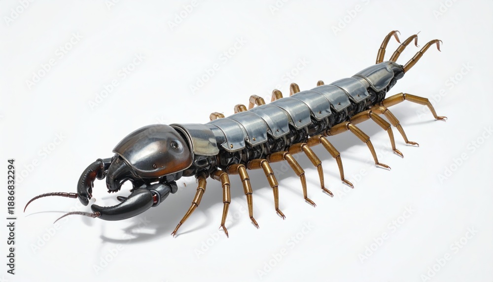 Fototapeta premium Centipede Insect Closeup on White Background.
