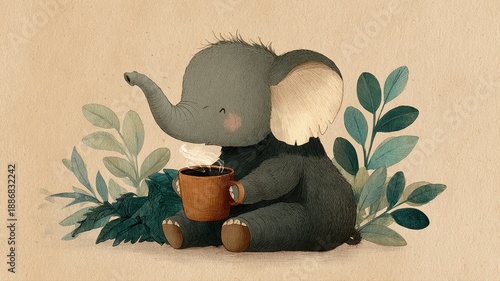 Wallpaper Mural Cute Baby Elephant Holding a Coffee Cup Surrounded by Leaves Torontodigital.ca