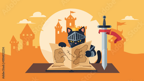 Royal Feline Adventure King Cat Planning Strategy On Old Map At Medieval Castle