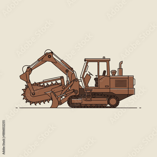 Robust Industrial Trencher Digging Equipment Illustration On Construction Site