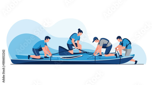 Rowing Team Is Synchronized In A Vector Image With Blue Tones Perfect For Illustration