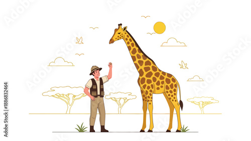 Safari Adventure Encounter Man Meeting Giraffe Under African Sun Cartoon Illustration