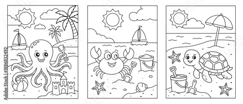 Canvas Print Cute Sea Animals Beach Coloring Page Set for Kids