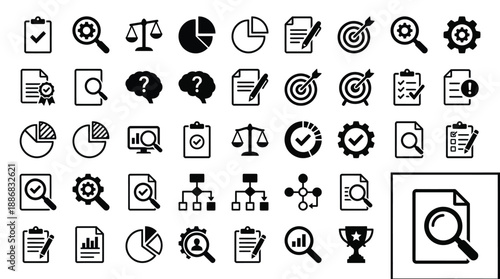Collection of business and analysis icons including charts graphs targets and documents on white background