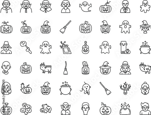 Black line of Halloween including ghosts pumpkins witches