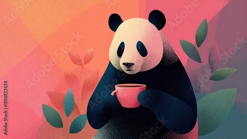 Wallpaper Mural Cute Panda Holding Cup Surrounded by Colorful Leaves and Patterns Torontodigital.ca