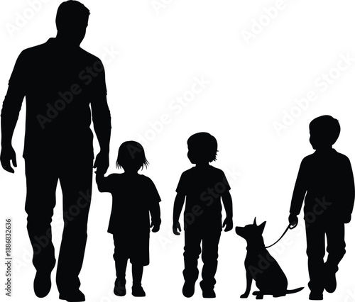 Silhouette of adult, children, and dog walking together, family and companionship theme illustration, transparent background graphic