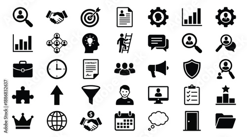 Collection of business and productivity icons including targets gears graphs people and office supplies on white background