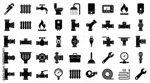 Collection of plumbing and tools icons on white background for design and infographics
