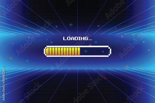 LOADING. pixel art 8 bit. Retro Futurism Sci-Fi Background. glowing neon grid and star from vintage arcade computer game.