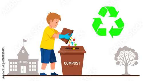 School Boy Composting Food Waste At School As Educational Sustainability Project