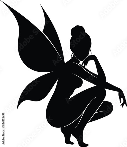 Silhouette of crouching fairy figure with wings in contemplative pose, fantasy and magical theme illustration, transparent background graphic