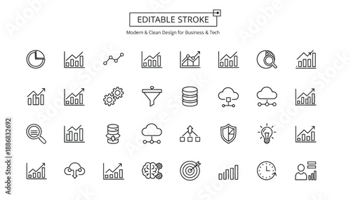 Editable stroke business icons set for infographics and data visualization