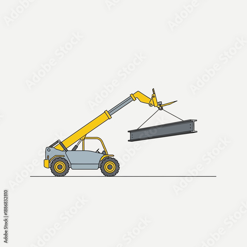 Robust Telehandler Lifting Heavy Steel Beam At Construction Site Infrastructure Development And