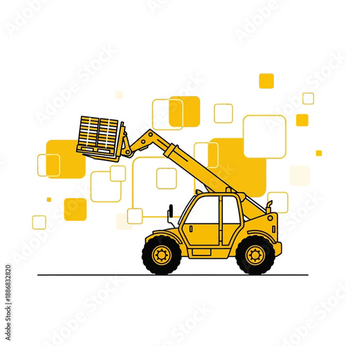 Robust Telehandler Machine Elevating Cargo Pallets Vector Graphic Art Illustration Concept