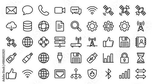 Collection of various technology and internet related icons on white background