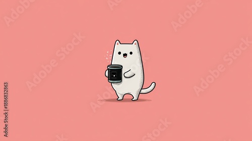 Wallpaper Mural Cute cartoon cat character holding a coffee cup on pink background Torontodigital.ca