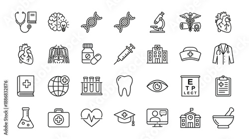 Medical icons set including stethoscope brain fish microscope and more health symbols