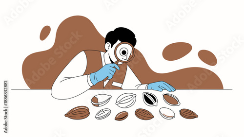 Scientist Inspecting Cocoa Beans With Magnifying Glass For Quality Control