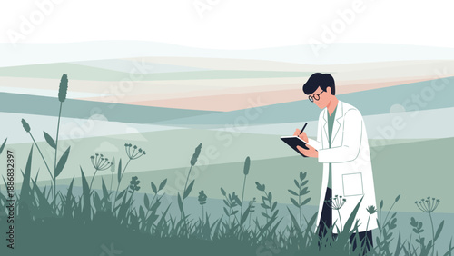 Scientist Observes Plants In Field While Taking Notes For Research Study