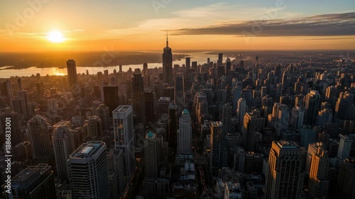 Aerial view of a modern city at sunrise