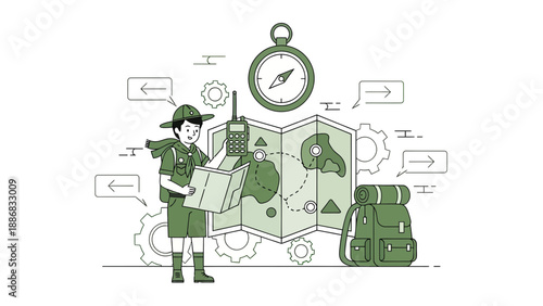 Scout Adventure Preparing Exploration with Map Radio Compass and Backpack Illustration