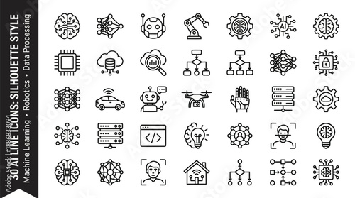 Collection of 30 ai line icons in silhouette style for data processing machine learning and robotics concepts