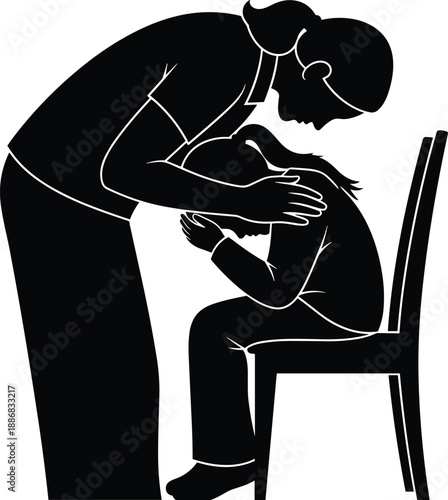 Silhouette of person comforting another seated in distress, emotional support and empathy theme illustration, transparent background graphic