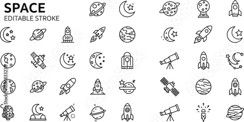 Black line of space including planets moons stars rockets and telescopes editable stroke