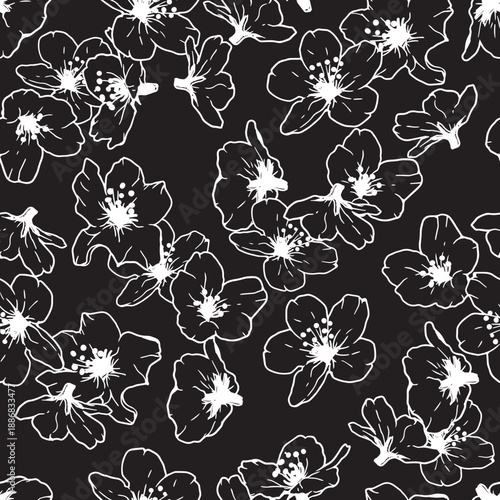 Falling White Spring Botanical Line Art Black Decor. Perfect for spring themes, Japanese-inspired design, stationery, fabric, wallpaper, gift wrap, and romantic floral projects.